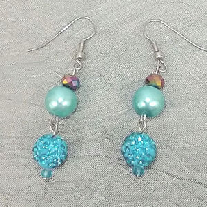 Dangle Earrings Aqua Faux Pearl Shambala & Iridescent Beads Silver Tone Handmade
